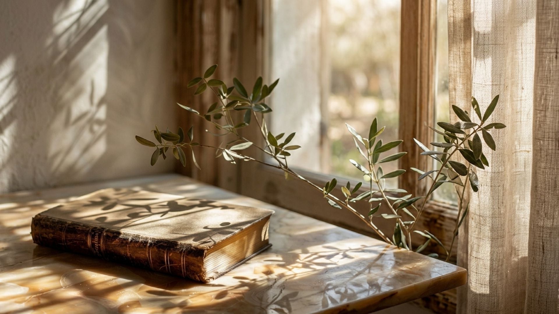 Livre posé sur une table avec une branche d'olivier